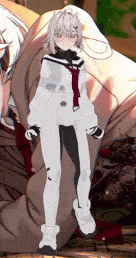 a girl with glasses and a cat ear is standing in front of a man
