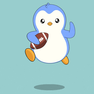 a blue and white penguin holding a football