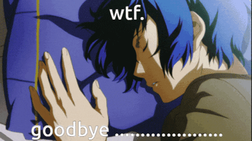 a man with blue hair is laying on a bed with the words wtf goodbye above him