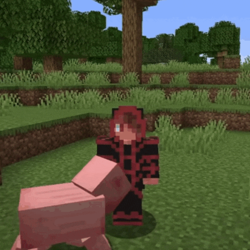 a person standing next to a pig in a video game