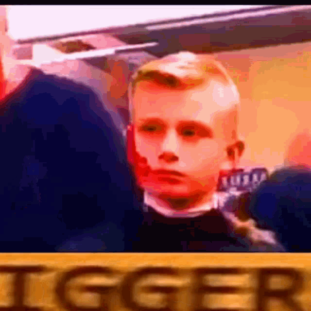 a young boy is standing in front of a sign that says i 'm a tigger .