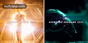 a picture of captain marvel and a picture of iron man 's helmet from avengers endgame