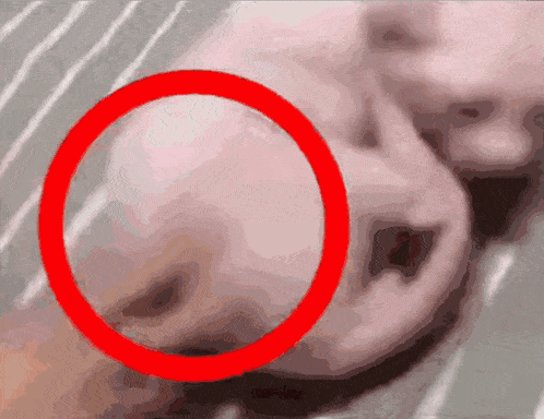 a close up of a person 's face with a red circle around the nose