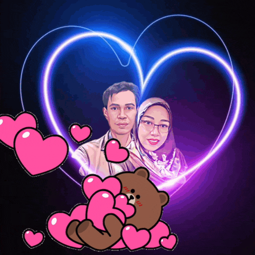 a man and a woman are surrounded by pink hearts