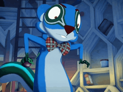 a blue cartoon squirrel wearing a bow tie and a magnifying glass