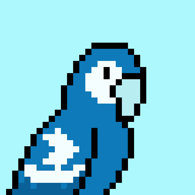 a pixel art drawing of a blue parrot with white feathers