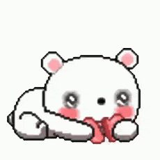 a pixel art of a white teddy bear laying down with a red bow in its mouth .