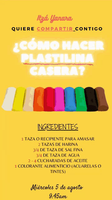 a yellow poster with a list of ingredients for plastilina casera