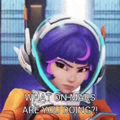 a cartoon character with purple hair and a helmet says what on mars are you doing !