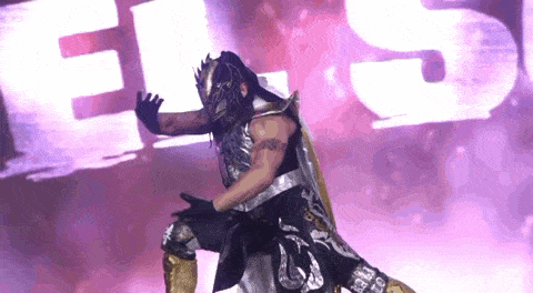 a wrestler in a mask is kneeling down in front of a sign that says el s.