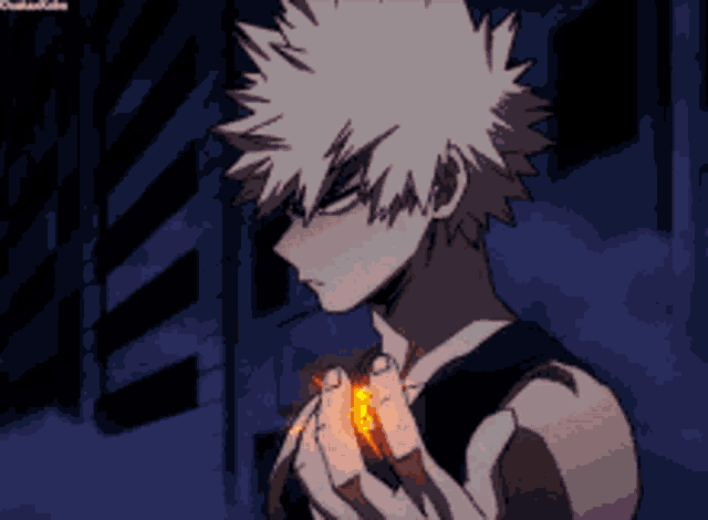 a cartoon character with white hair is holding a fire in his hands