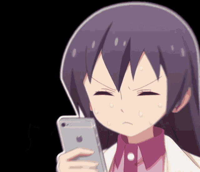 a cartoon girl with purple hair is holding a cell phone .