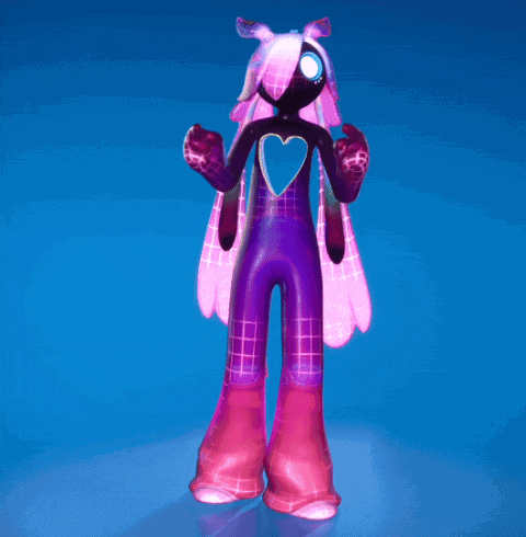 a cartoon character in a purple and pink costume