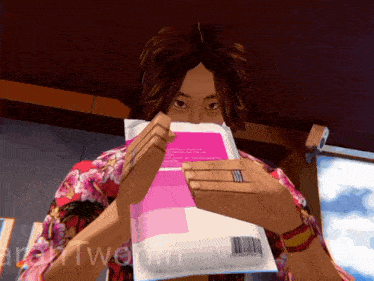a man in a floral shirt is holding a pink envelope in front of his face and the word twennin is on the bottom