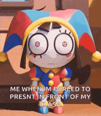 a cartoon character wearing a jester costume is standing in front of a window .