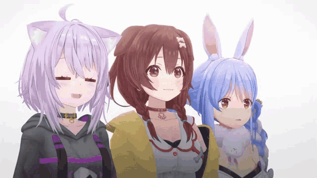 three anime girls are standing next to each other and one of them has a bunny ear