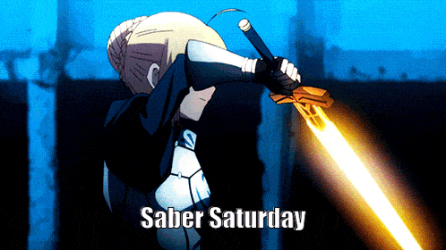 a cartoon character holding a sword with saber saturday written on the bottom