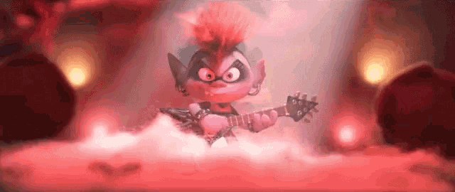 a troll with a mohawk is holding a guitar on a stage .