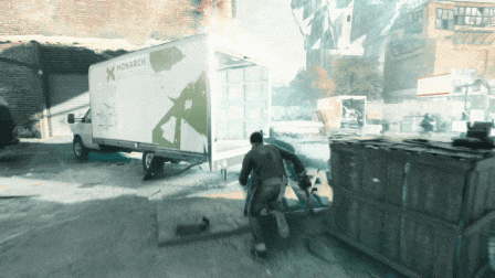 a man is running in front of a white monarch solutions truck
