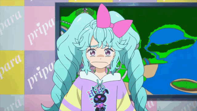 a girl with blue hair and a pink bow is standing in front of a wall that says para