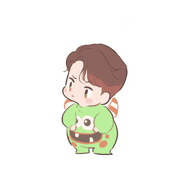 a cartoon of a boy in a green monster costume with three question marks above his head