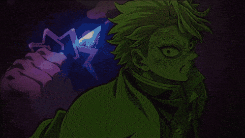 a person with green hair is holding a sword in their hand