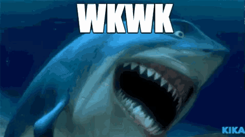 a shark with its mouth open and the word wkwk written above it