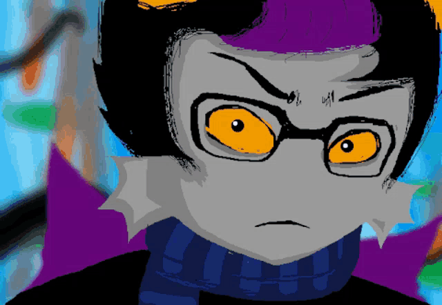 a pixel art of a cartoon character with glasses and purple hair