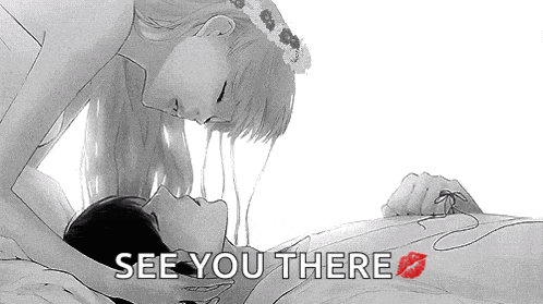 a black and white drawing of a woman kissing a man with the words see you there above them