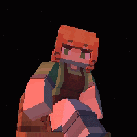 a pixel art drawing of a person with red hair and green eyes