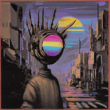a painting of a person with a crown on their head looking at a city