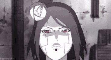 a black and white drawing of a woman with red eyes .