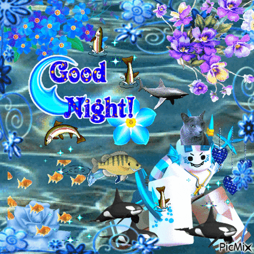 a picture of fish and flowers with the words good night on it