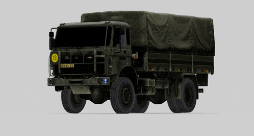 a green military truck with a license plate that says o-r-kx-33