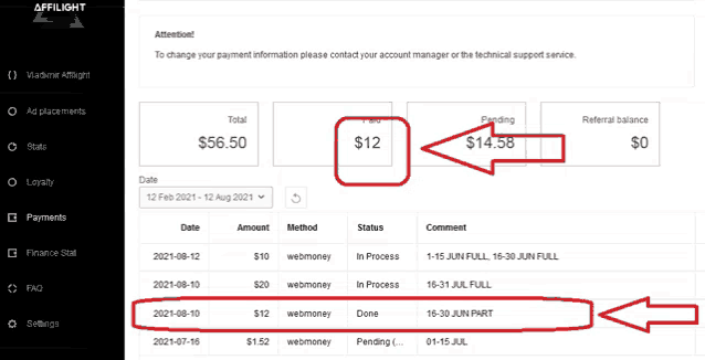 a screenshot of a referral balance page with a red arrow pointing to it
