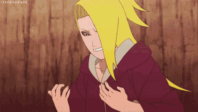 a cartoon drawing of a girl with yellow hair and the name itachiuchihaa on the bottom