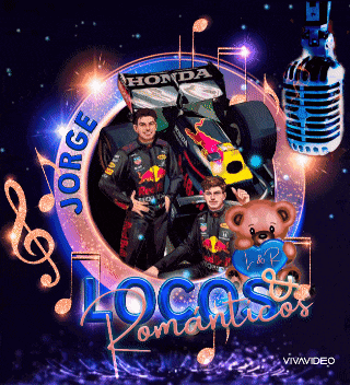 a jorge locos romanticos logo with a red bull race car in the background