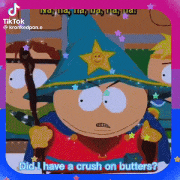 a cartoon character from south park wearing a wizard 's hat and holding a wand .