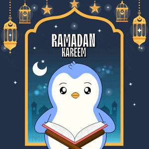 a penguin is reading a book with the words ramadan kareem written on it