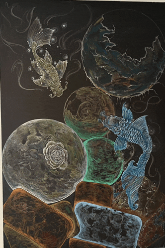 a painting of a fish surrounded by bubbles and a flower