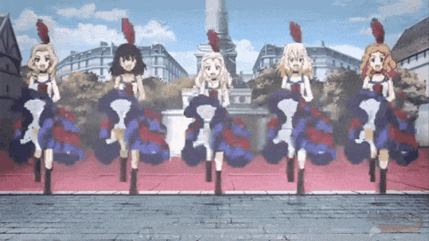 a group of anime girls are dancing in front of a city
