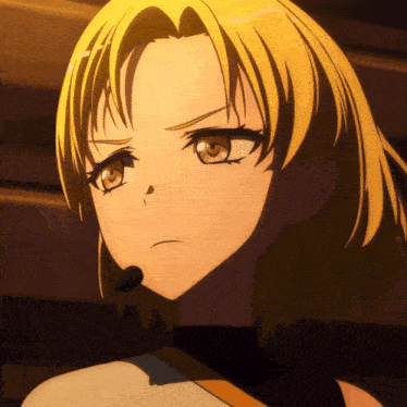 a close up of a blonde anime girl with a microphone in her mouth