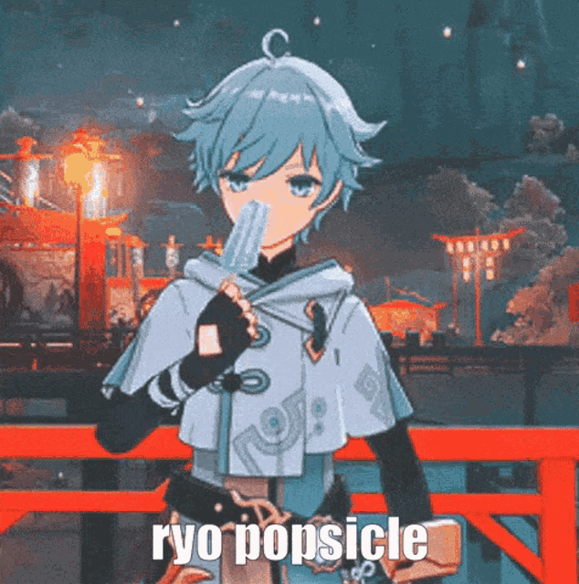 a blue haired anime character is eating a popsicle with the words ryo popsicle below him .