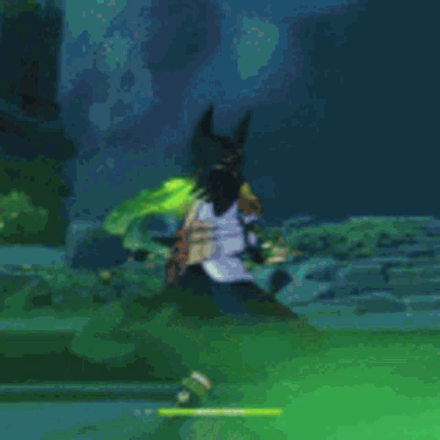 a close up of a person in a video game holding a sword .