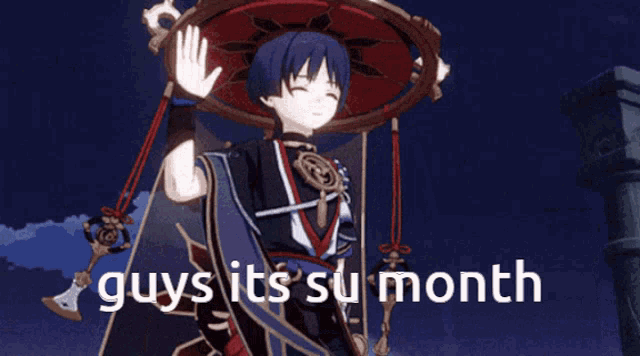 a picture of a boy with an umbrella and the words " guys its su month "