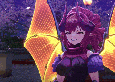 a girl with purple hair and horns is standing in front of a lantern