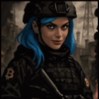 a woman with blue hair and a helmet is holding a gun .