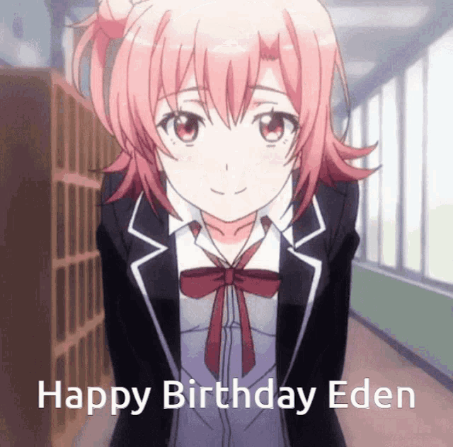 a pink haired anime girl with the words happy birthday eden written below her