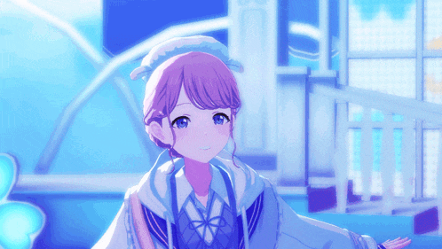a girl with pink hair is wearing a blue hat