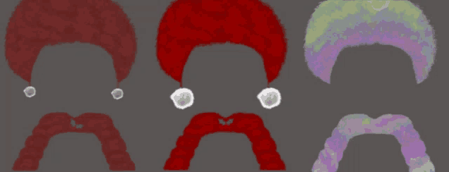three different colored wigs and a mustache with holly leaves on it